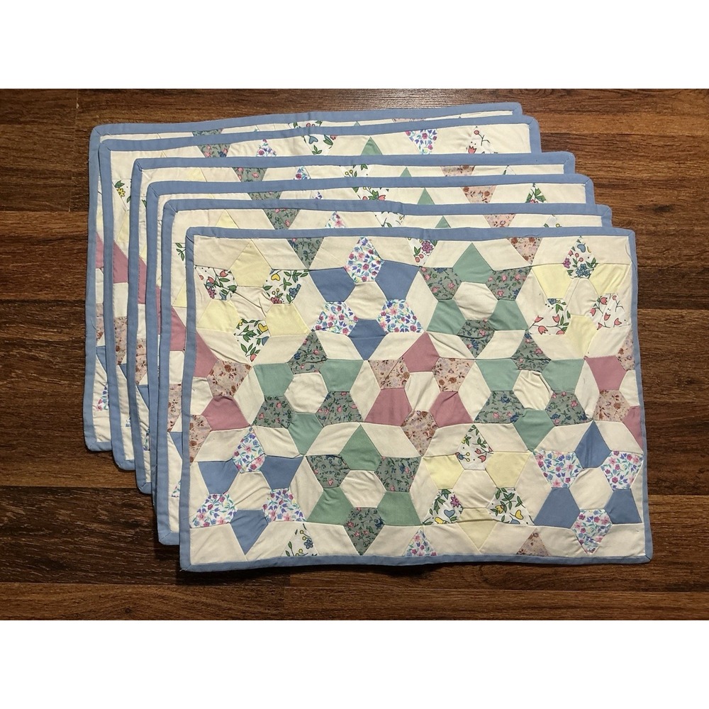 Set of 6 AMERICAN PACIFIC Quilted Star/Hexagon Placemats Blue/Pink/Yellow/Green